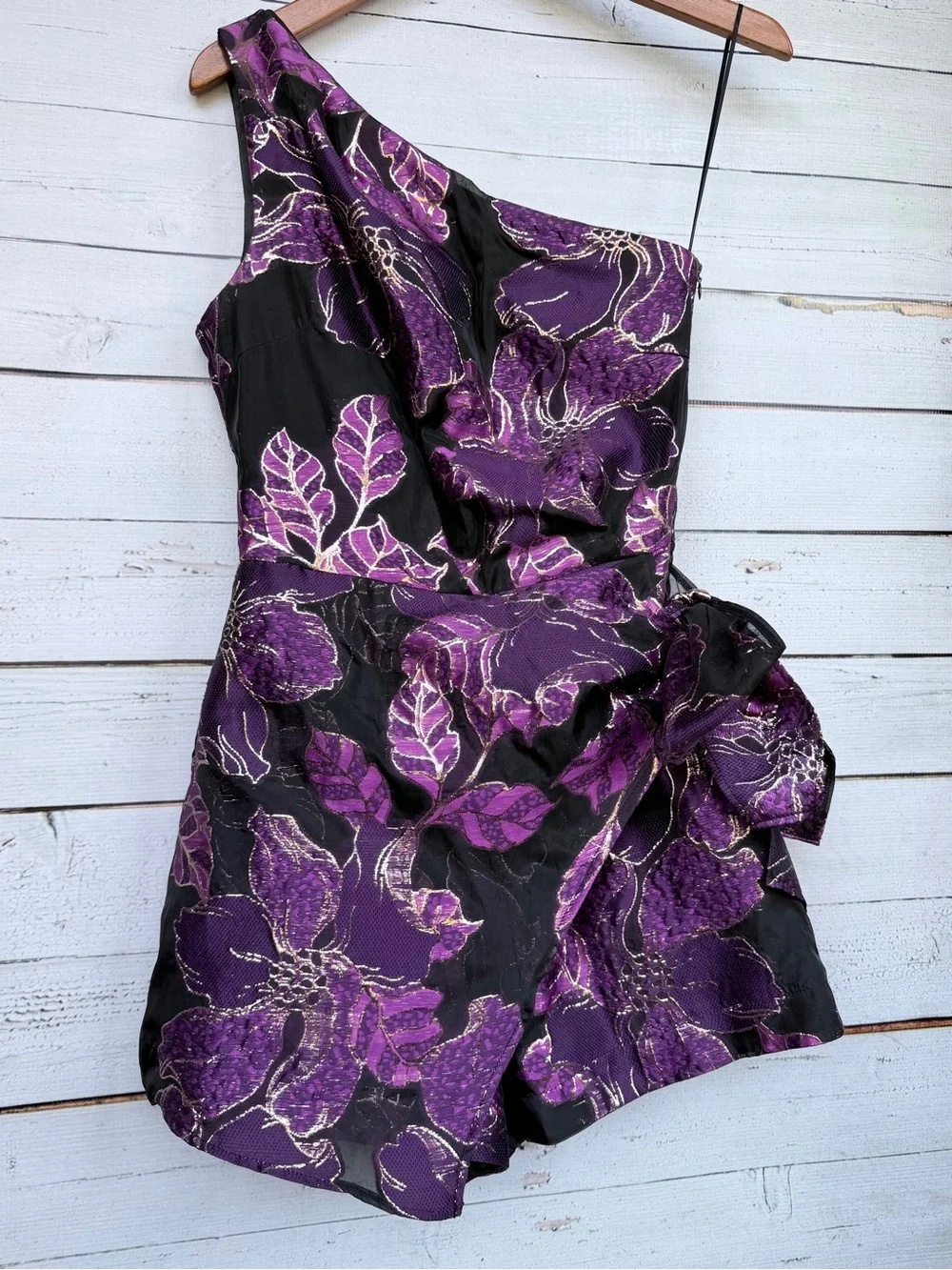 CIEBON Purple Metallic Floral Brocade One Shoulder Romper Bow Dress - Size XS